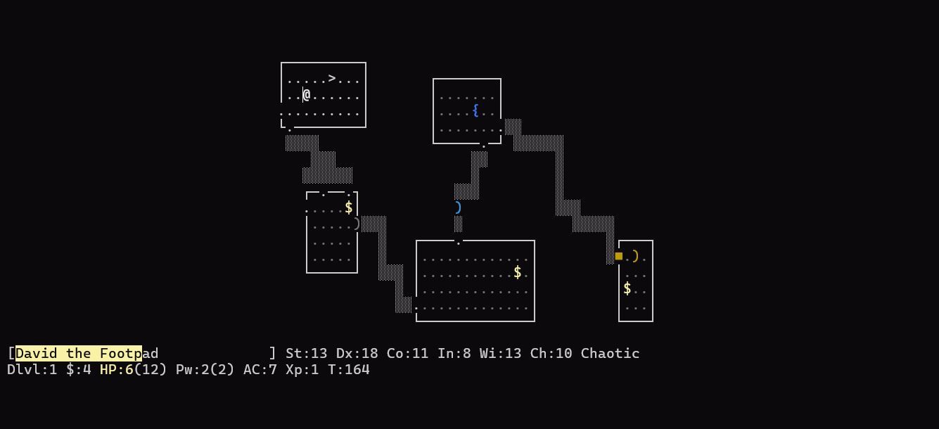 Gameplay of 'NetHack' in ASCII mode.