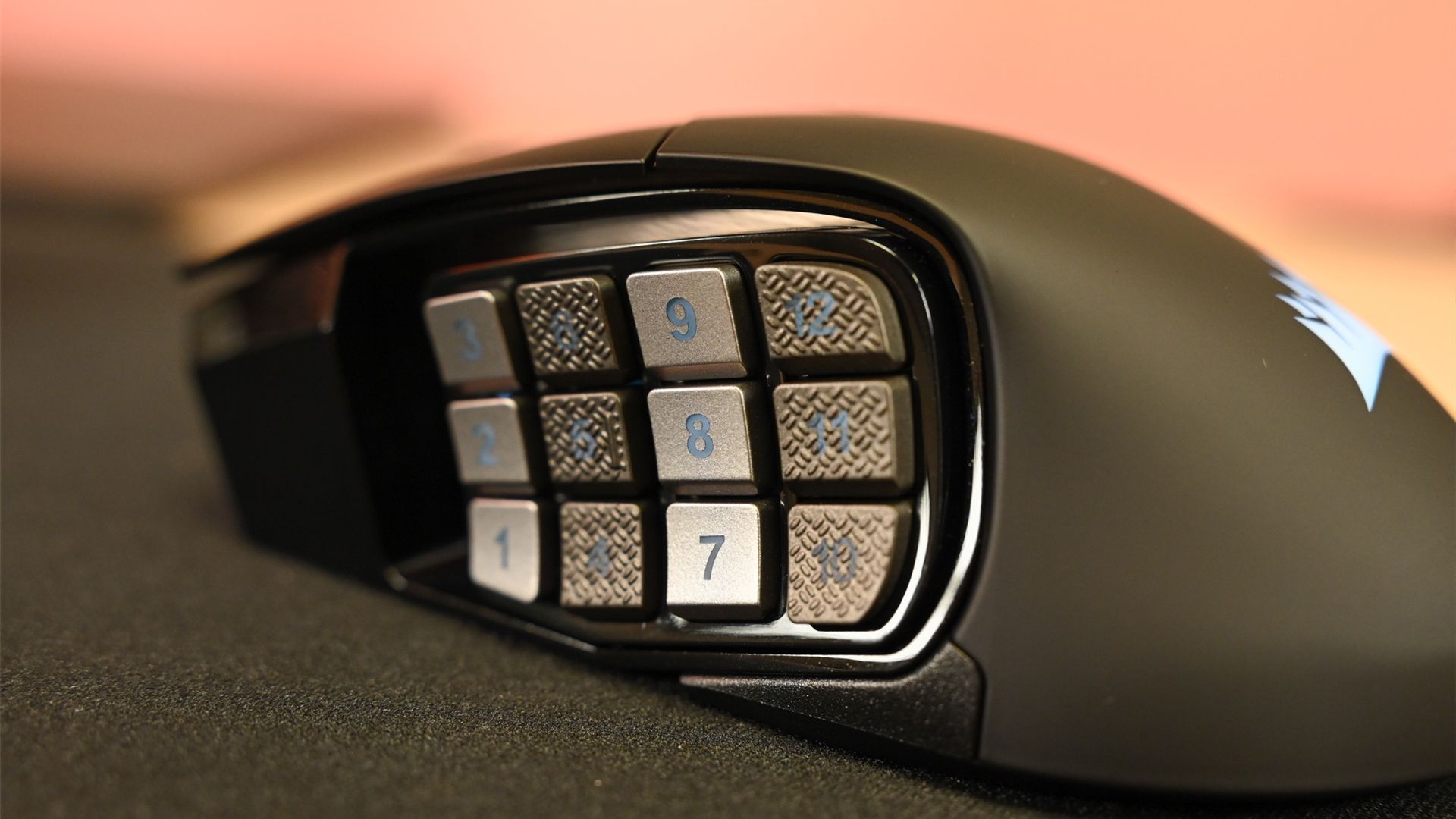 Numbered buttons on the side of the Corsair Scimitar Elite Wireless Mouse.