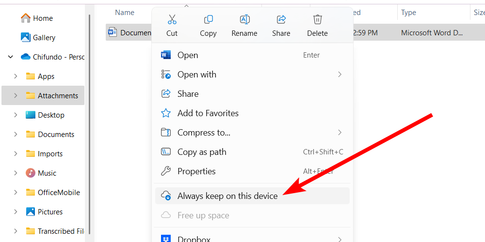 Making a file available offline in OneDrive for Windows.