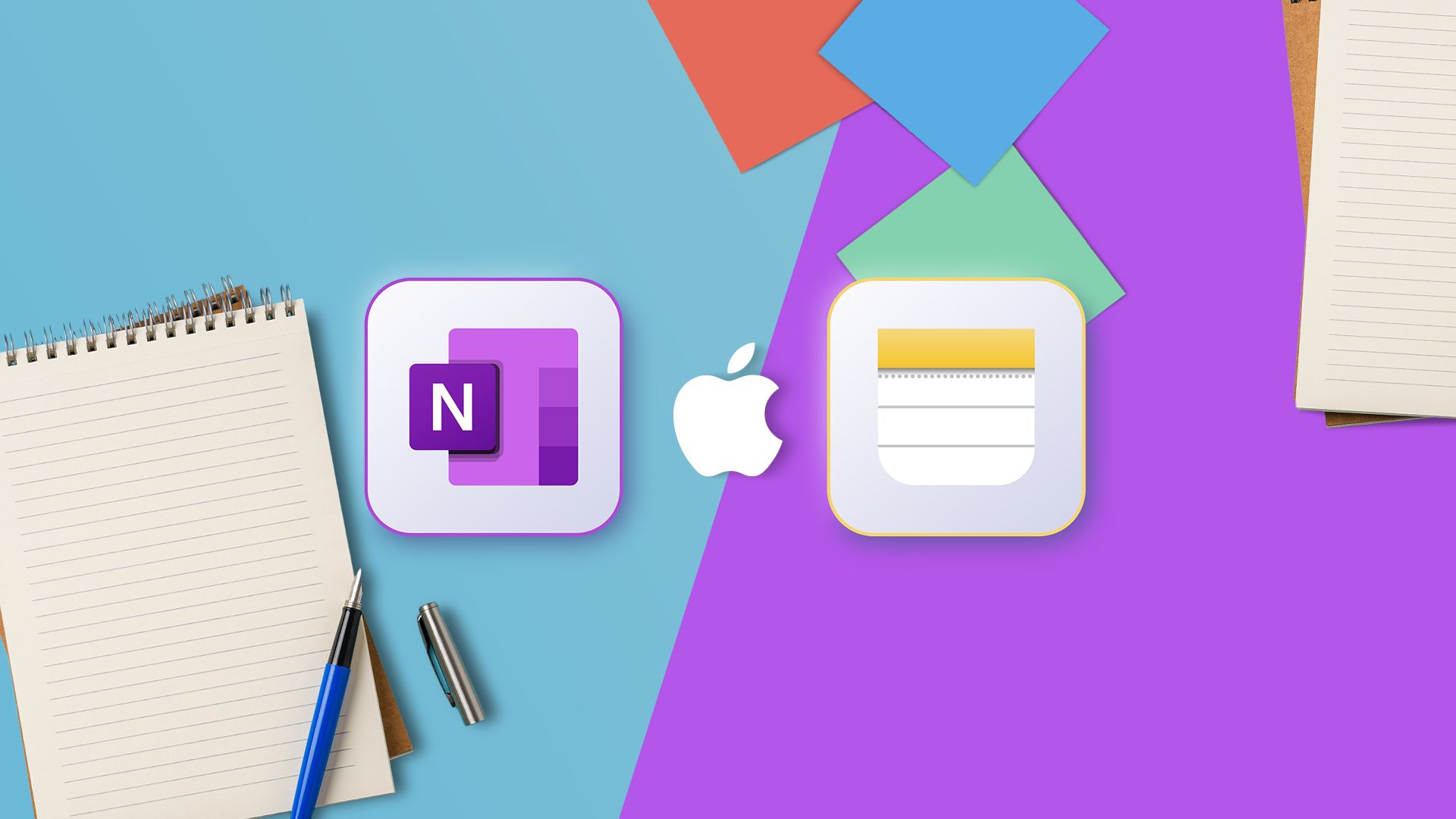 Apple Notes logo next to the OneNote logo with some notes around.