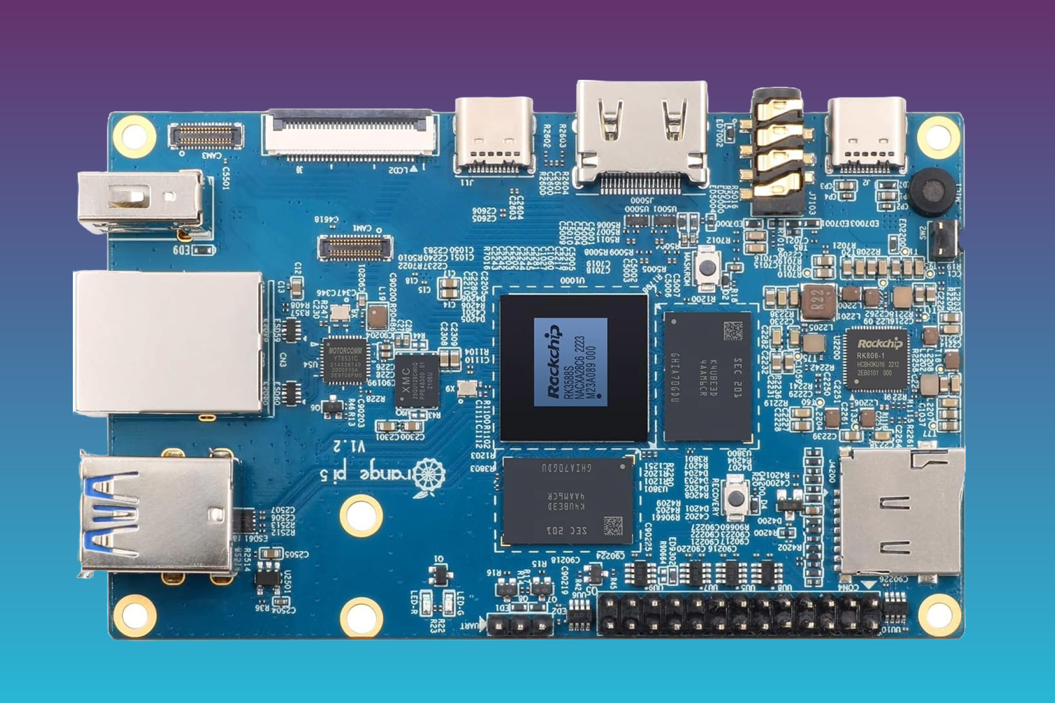 Orange Pi 5 against a violet background.