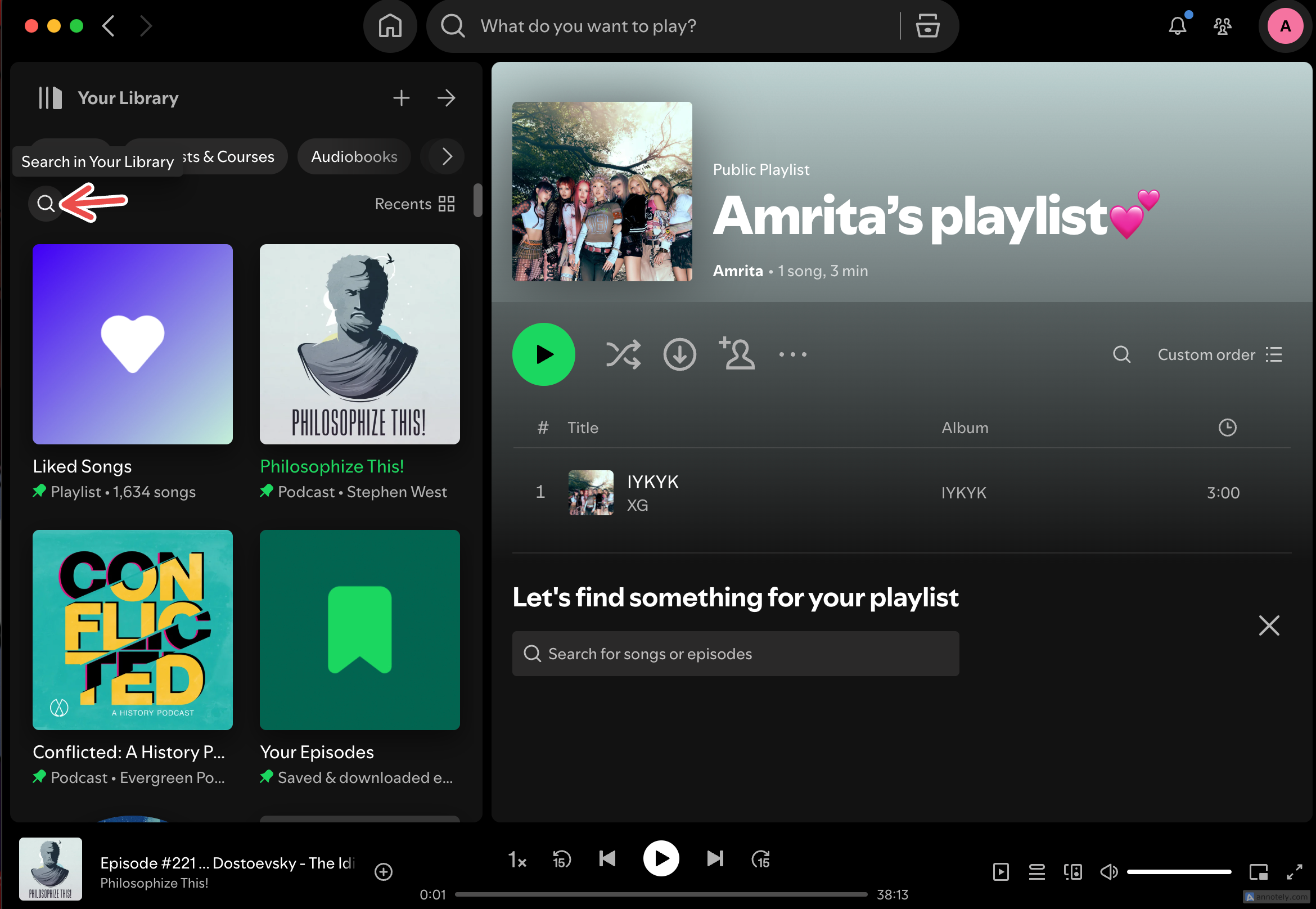 The search button in the library on Spotify's desktop app.