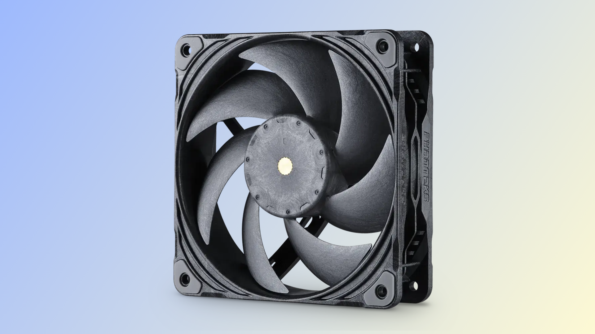 A Phanteks T30 PC fan against a bluish background.