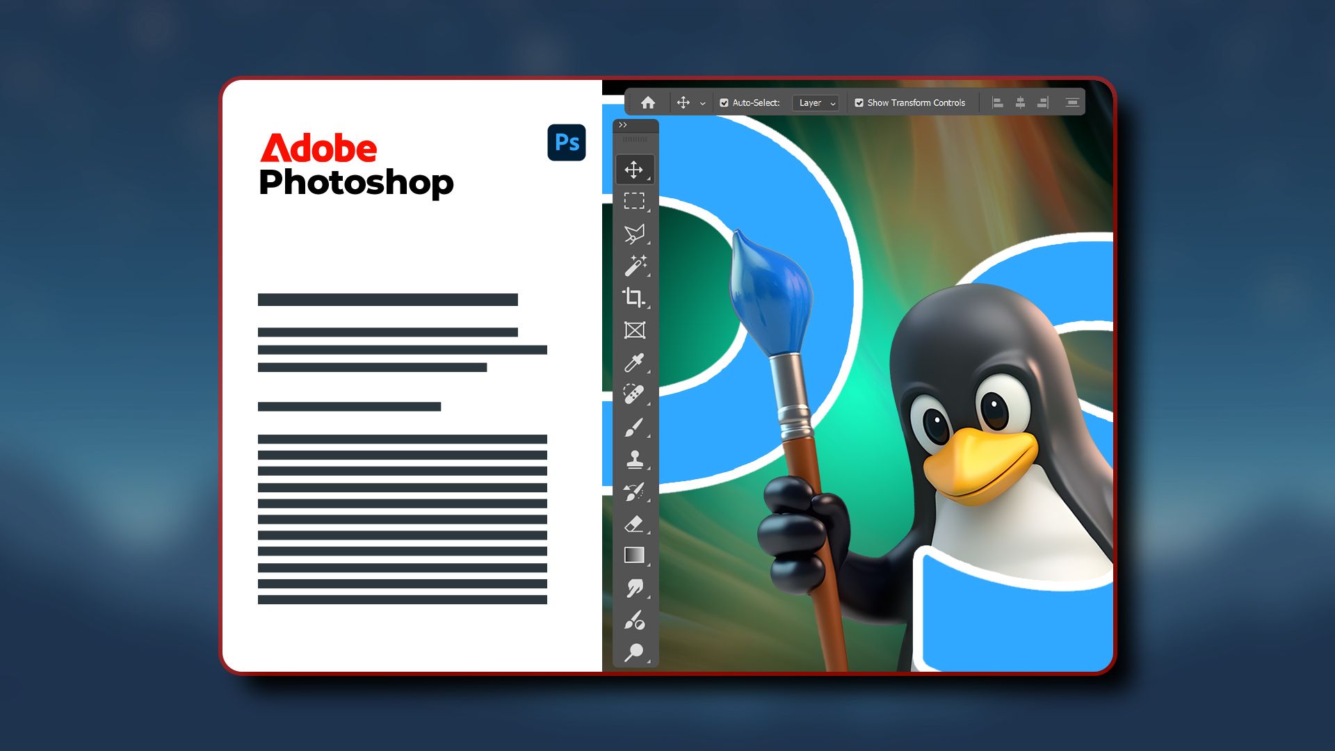 Photoshop splash screen with the Linux mascot holding a brush.