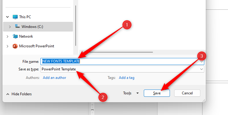 PowerPoint's Save As dialog box, with the File Name changed to NEW FONTS TEMPLATE, the Save As Type option changed to PowerPoint Template, and the Save button selected.