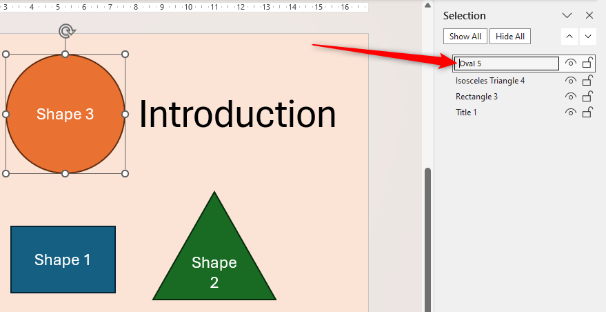 PowerPoint's Selection pane with Oval 5 selected via a double-click, making the text editable.