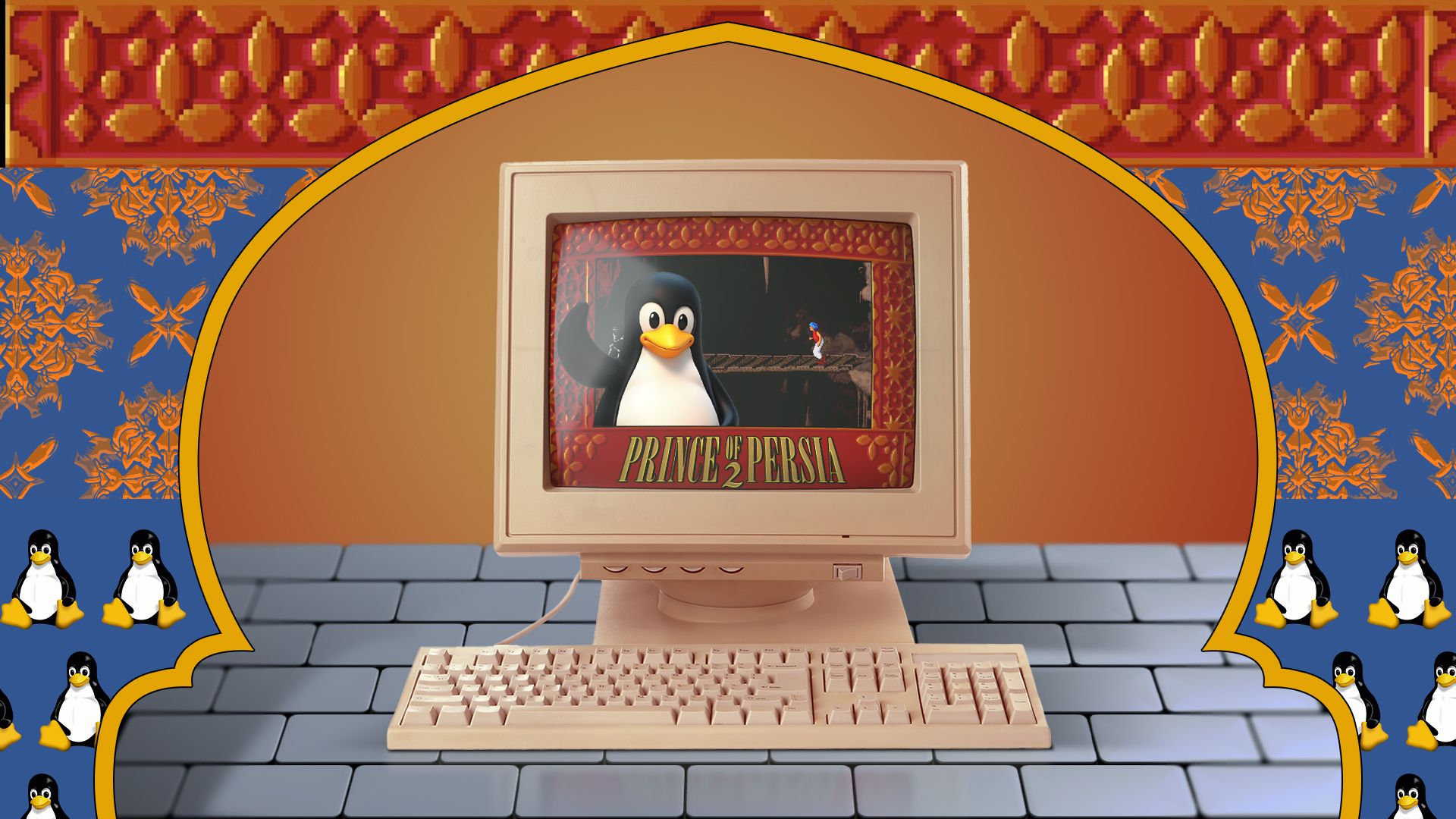 An old PC running Prince of Persia 2 with the Linux mascot on the screen.