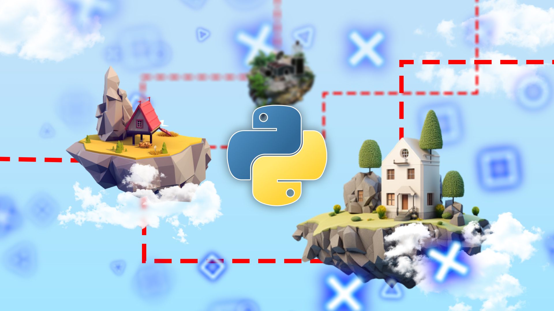 Python logo in the center with floating islands on the sides and several game icons around.