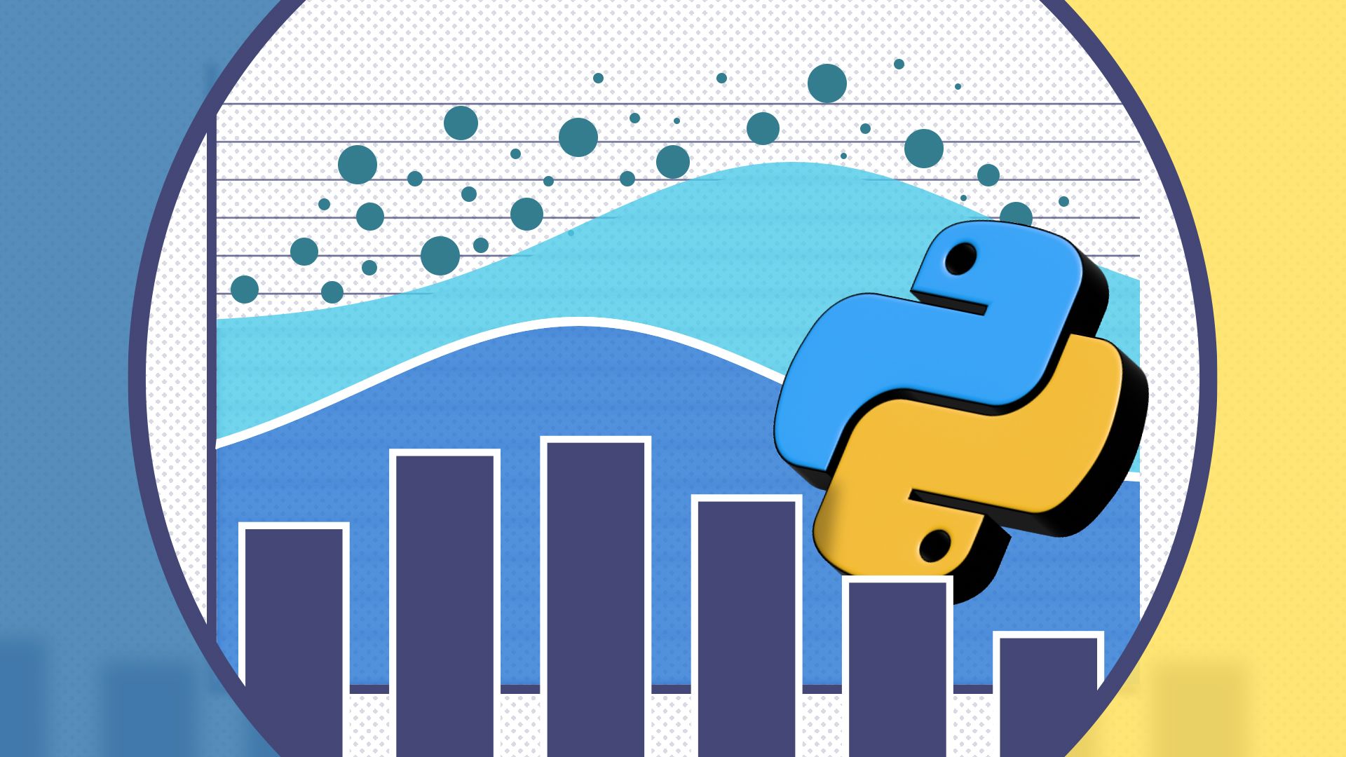 python-seaborn-logo-chartython logo over a stylized Seaborn chart with bars, a wave-like line, and scattered dots, representing data visualization.