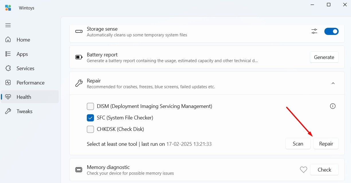 Repair section in the Wintoys app.
