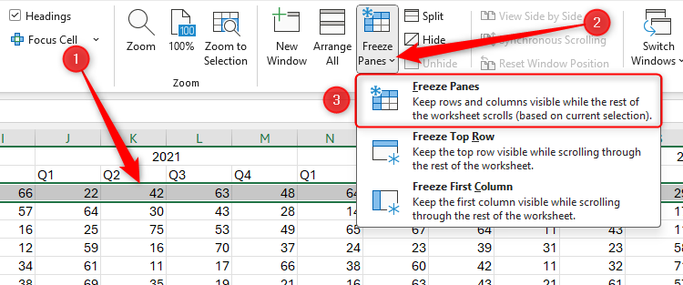 Row 3 is selected in an Excel spreadsheet, and the Freeze Panes option is highlighted.