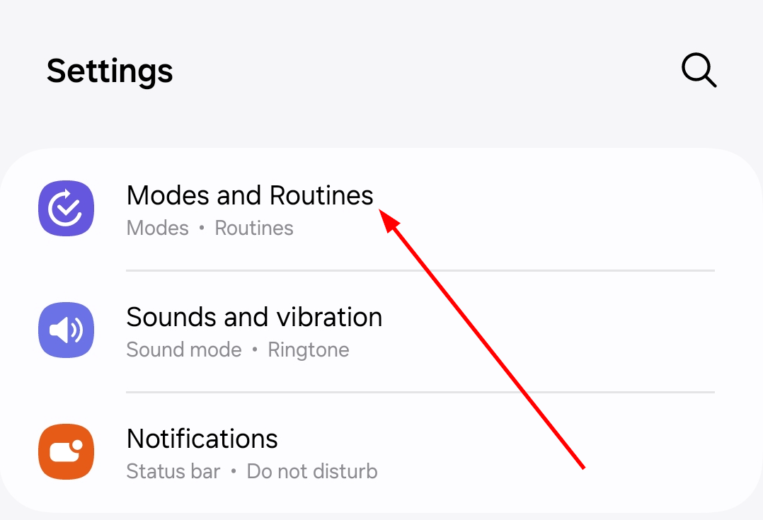 The 'Modes and Routines' option in Samsung Settings.