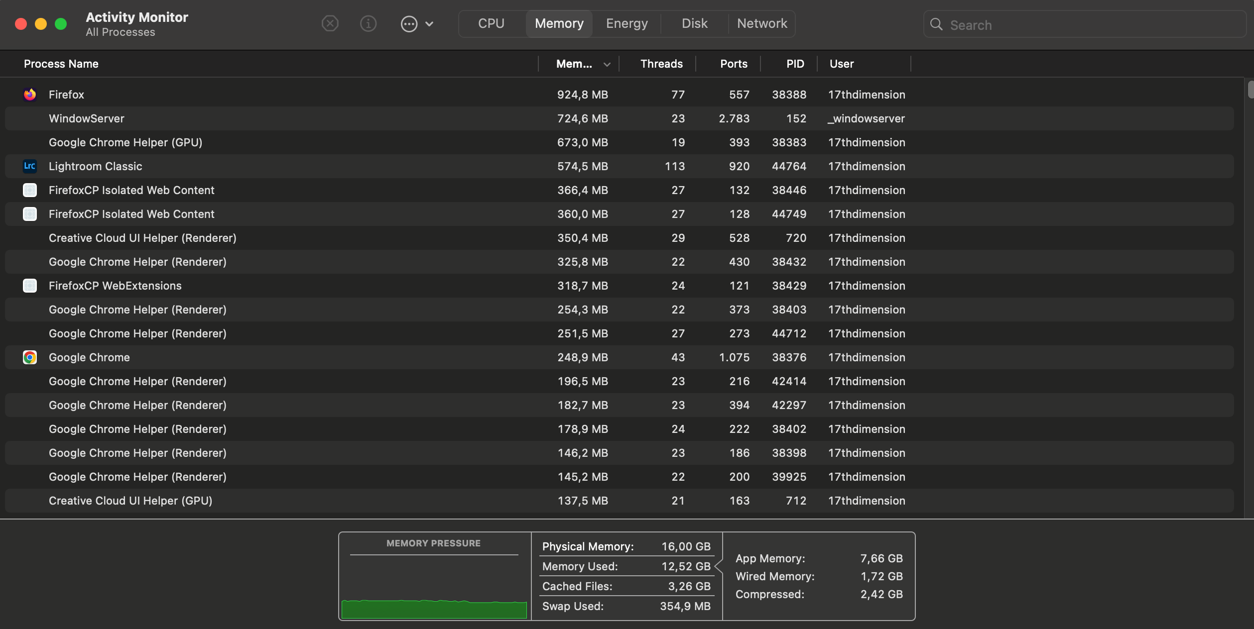 The memory panel in Activity Monitor showing RAM usage.