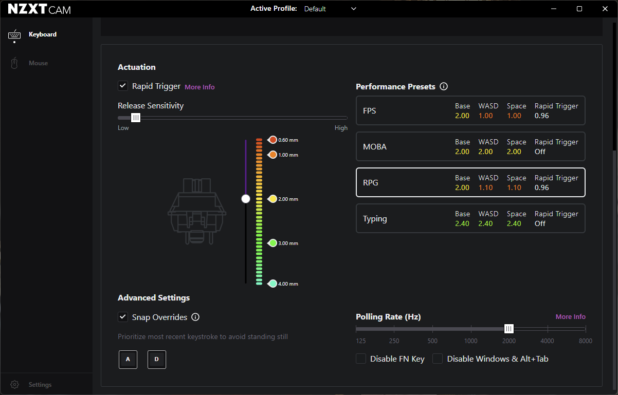 NZXT CAM software showing Hall Effect features of the NZXT Function Elite MiniTKL magnetic keyboard.