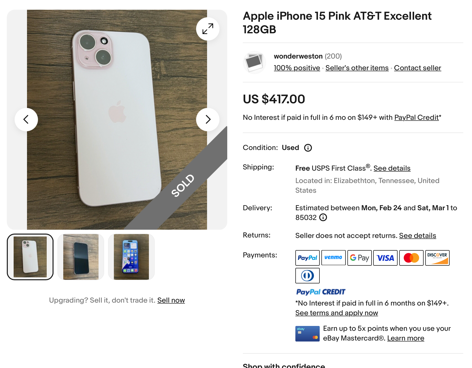 iPhone 15 in pink sold listing on eBay.