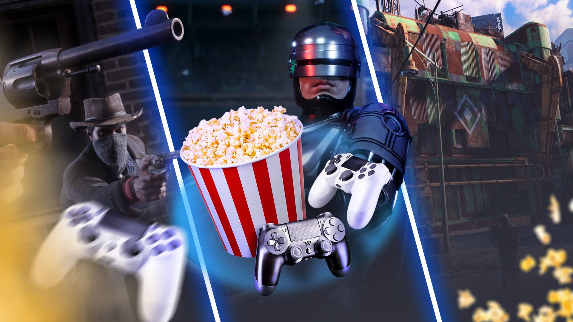 Screenshots of some video games with an illustration of a popcorn bucket and video game controllers in the center.