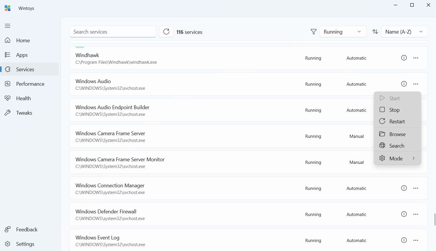 Services window of the Wintoys app.