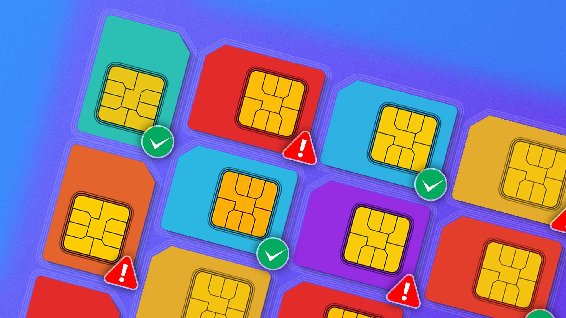 Several SIM cards side by side, some with a warning sign and others with an approved sign.