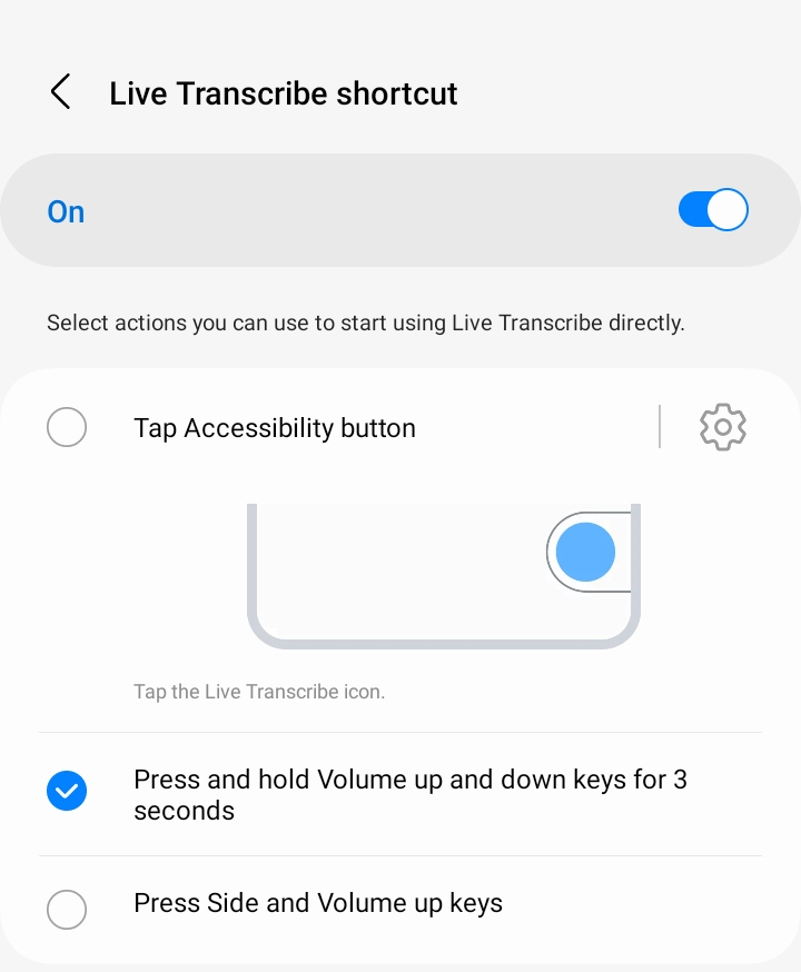 The shortcut options to activate Live Transcribe