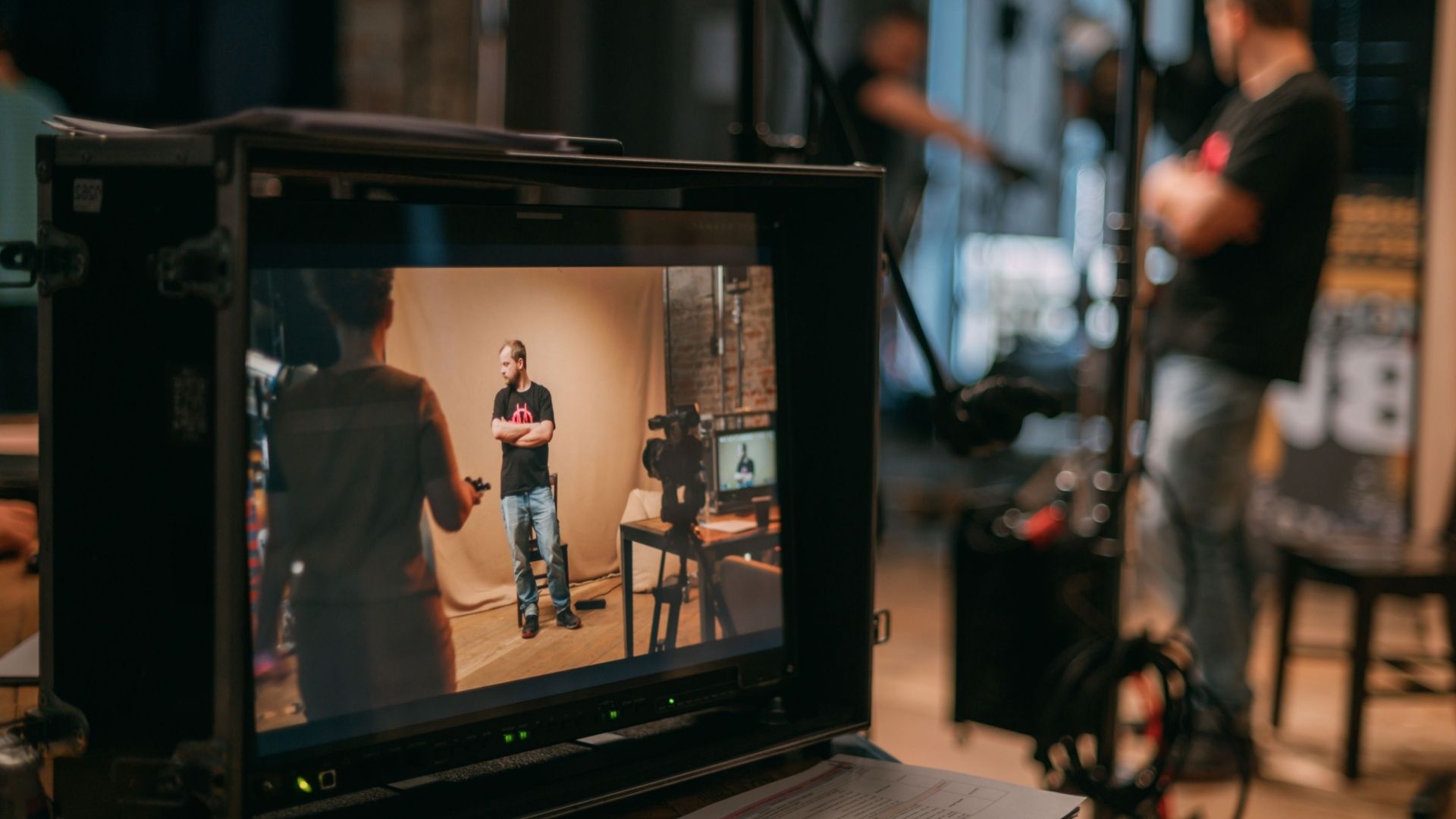 Film set, monitors and modern shooting equipment.