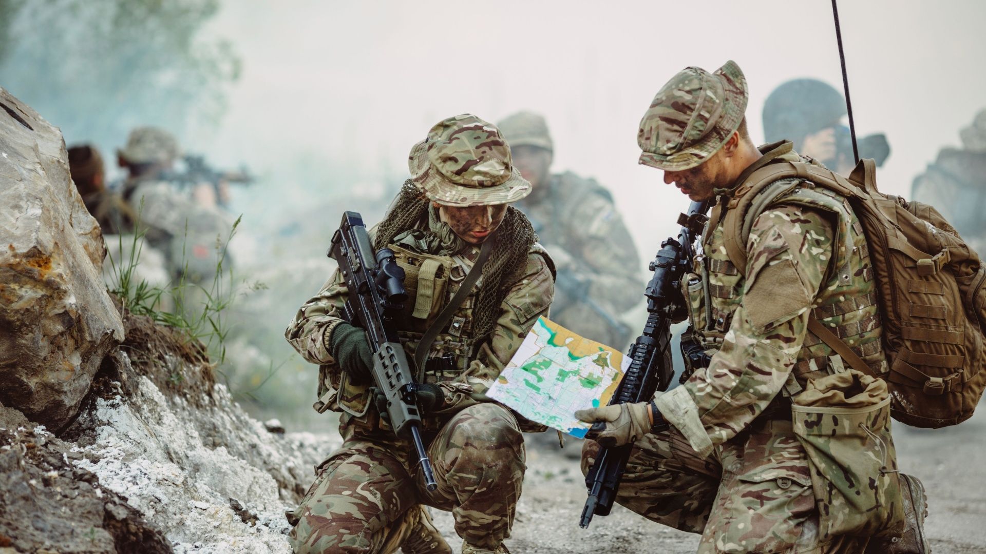 British special forces soldiers with weapon take part in military manoeuvre.