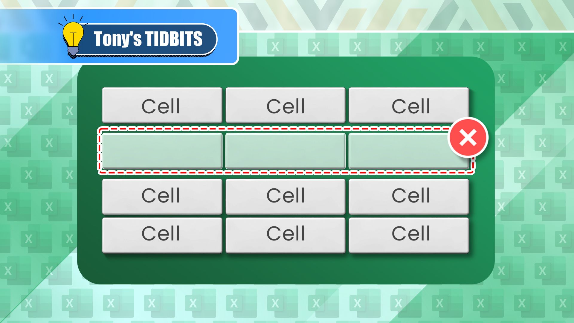 Some Excel cells filled and others empty with a remove icon.