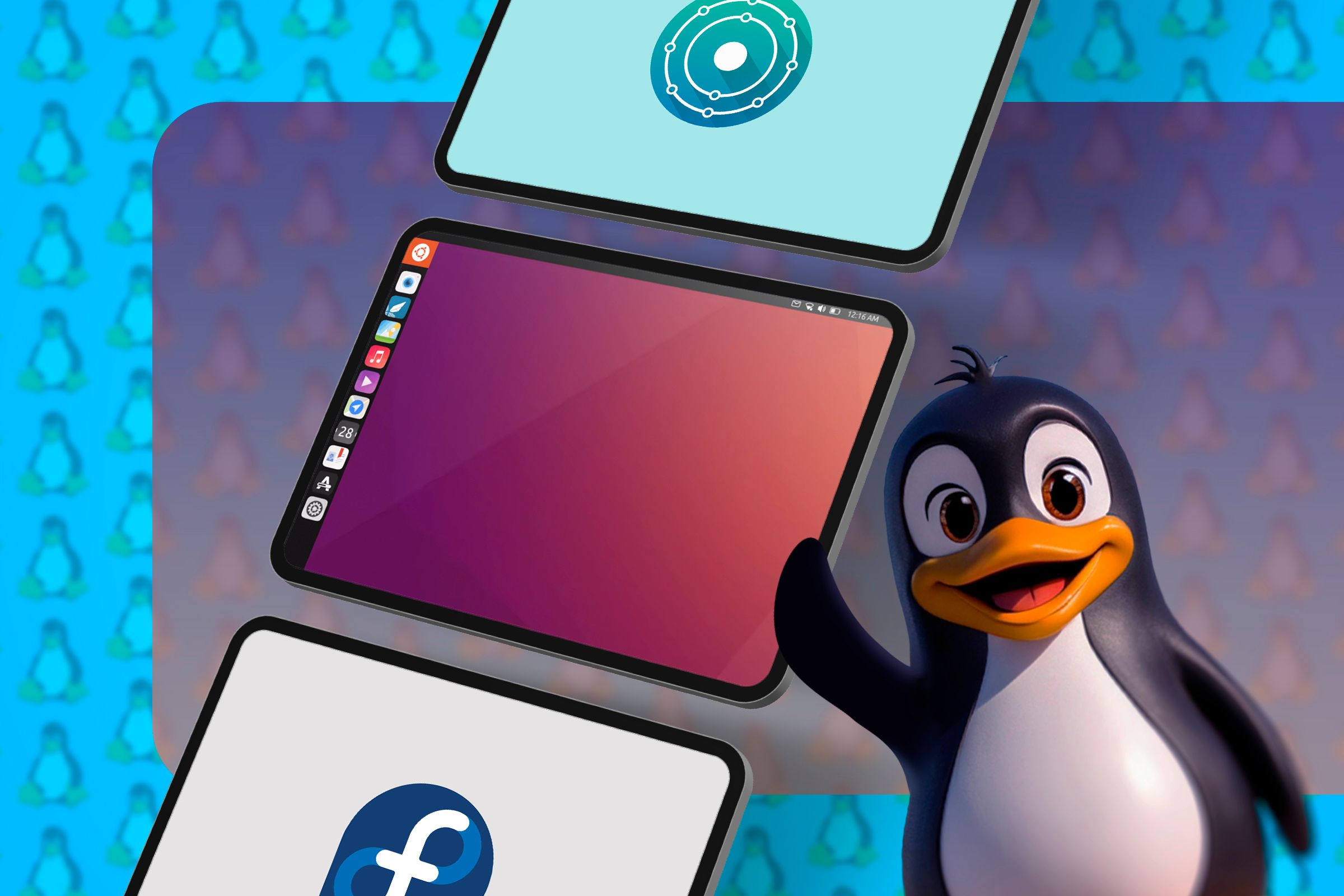 Some tablets with Linux and the Linux mascot waving.