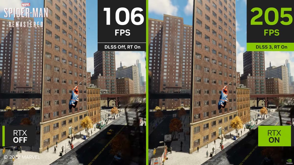 A performance comparison of Spider-Man Remastered runnng with DLSS 3 on and off.