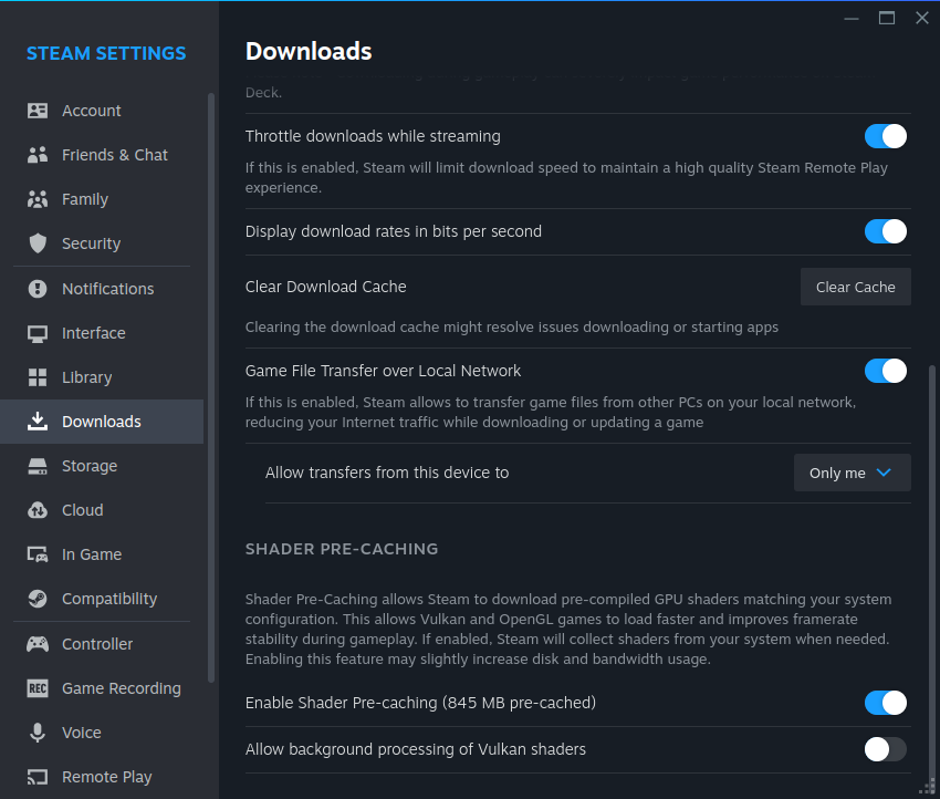 An image of the Steam settings page, showing where to toggle shader processing.