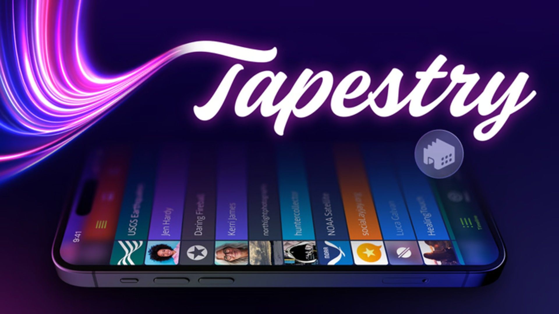 Tapestry Logo over a phone using the app