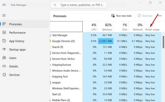 Power Usage column