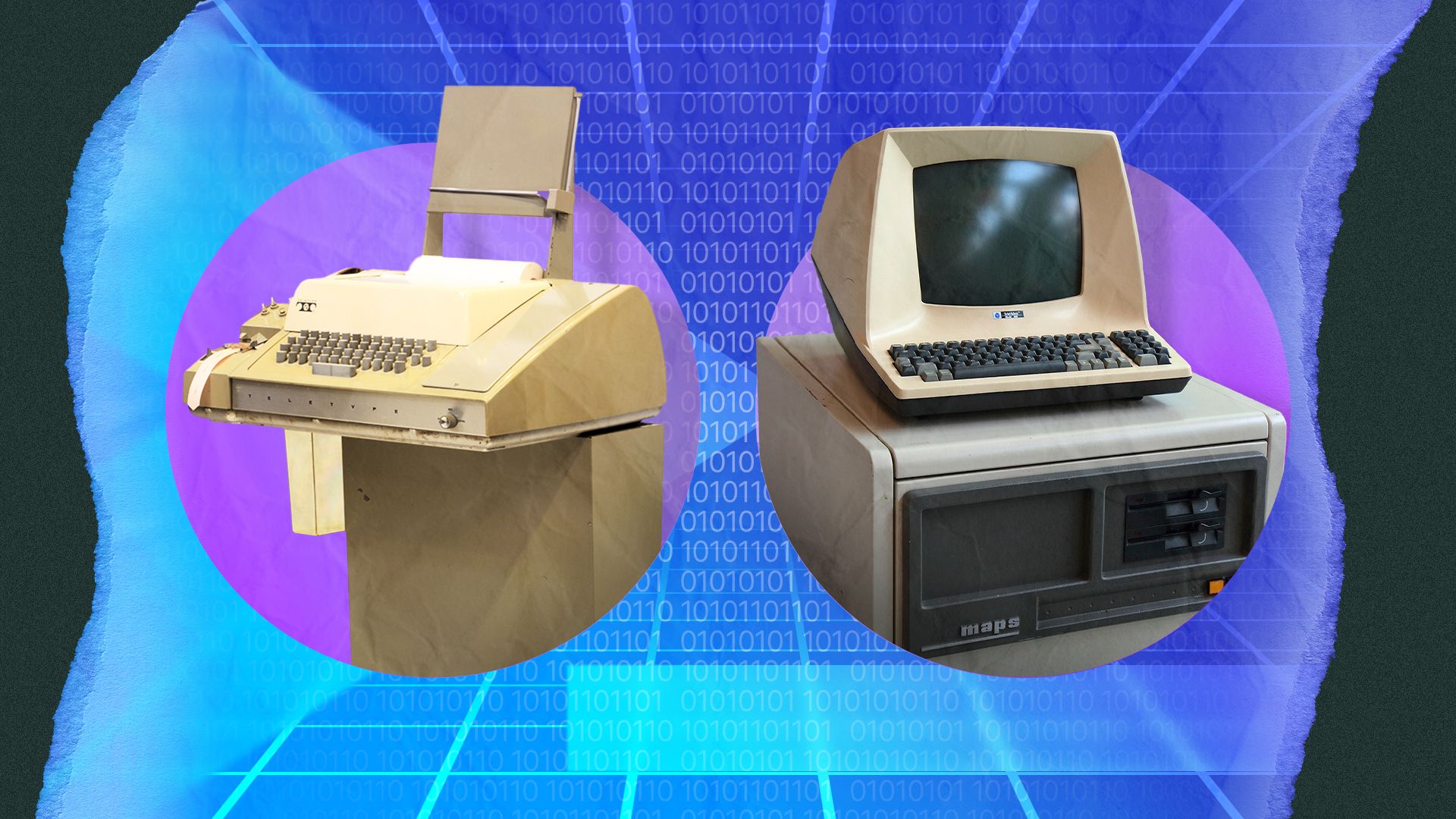 A teletype terminal next to a Televideo terminal in a retro setting.