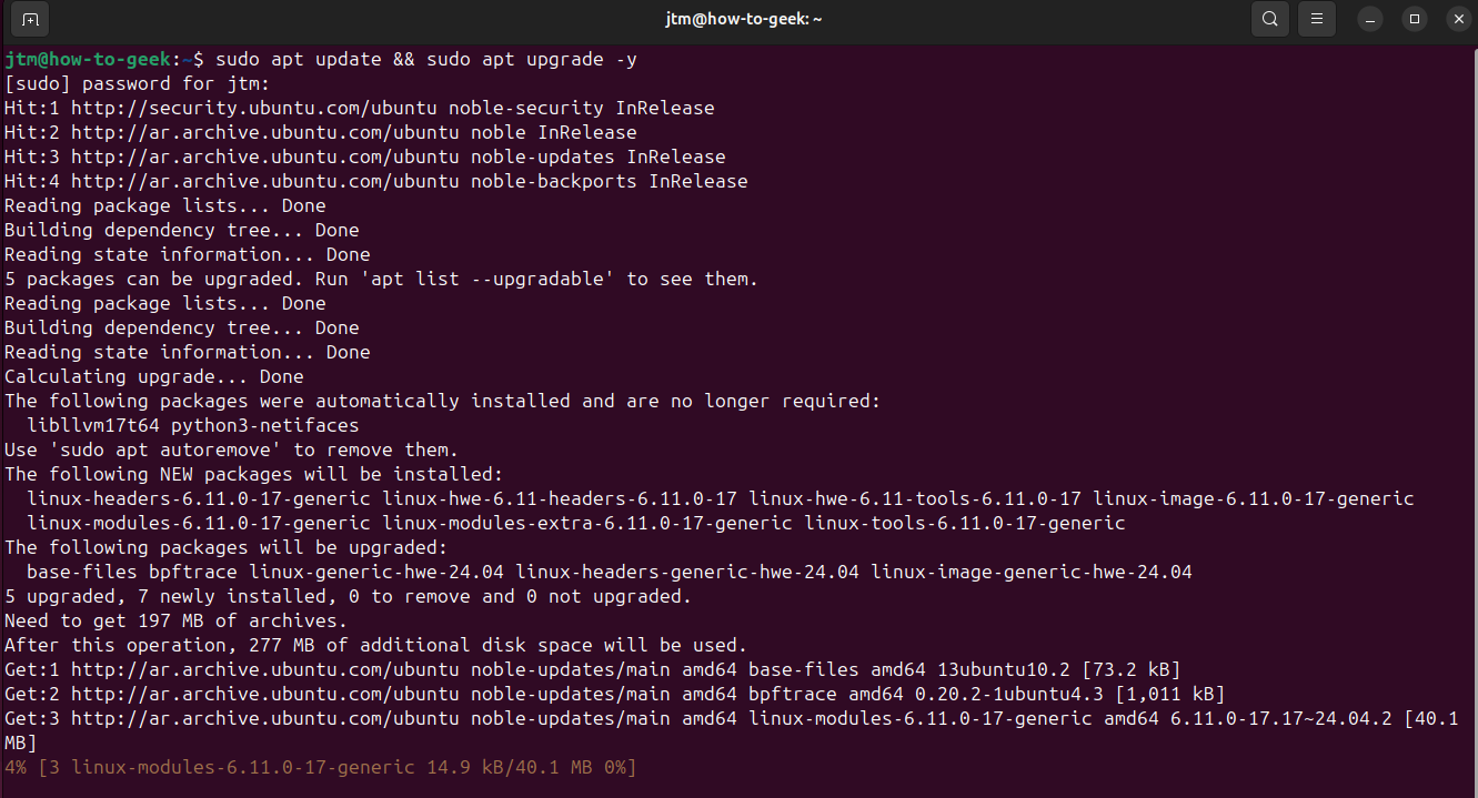 Terminal showing output from running apt update and apt upgrade.