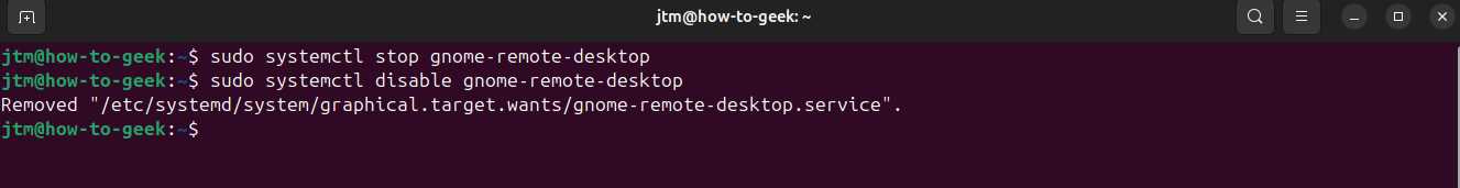 Terminal showing the output of commands to disable gnome remote desktop service.