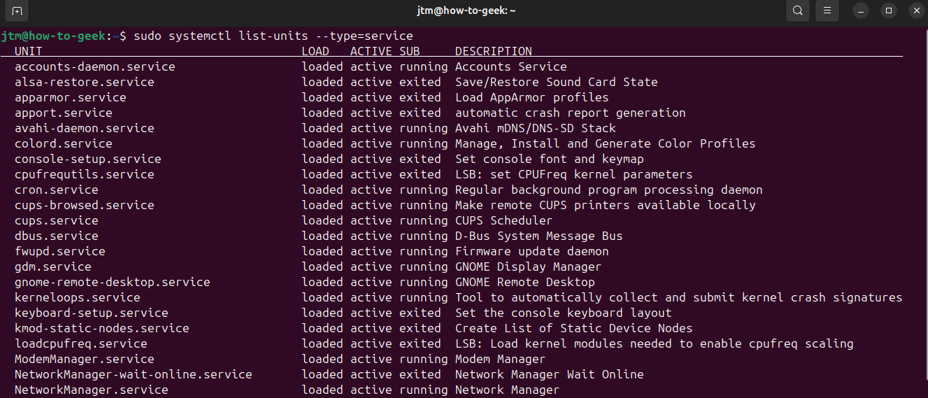 Ubuntu terminal showing a list of running services.