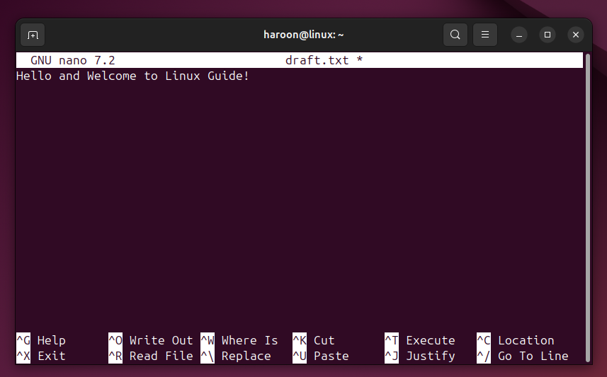 Text file open in nano text editor on Ubuntu Linux.