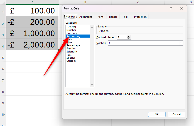 The Accounting number format in Excel's Format Cells dialog box.