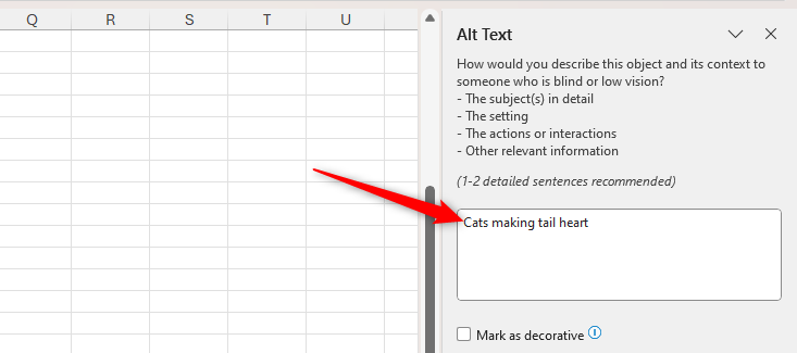 The alternative text 'Cats making tail heart' in Excel's Alt Text pane.