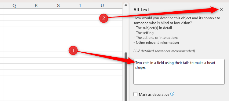 The alternative text 'Two cats in a field using their tails to make a heart shape.' is in Excel's Alt Text pane, and the cross in the top-right corner is selected.