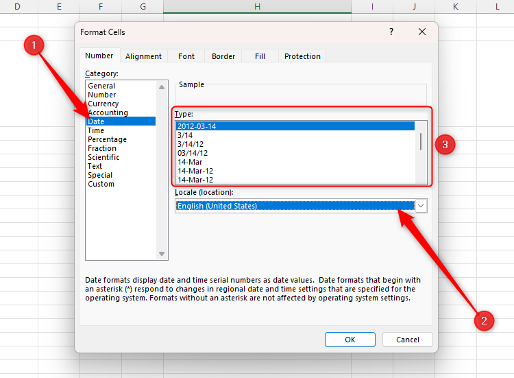 The Date number format in Excel's Format Cells dialog box, with the locale changed to United States, and the different types of formatting displayed.