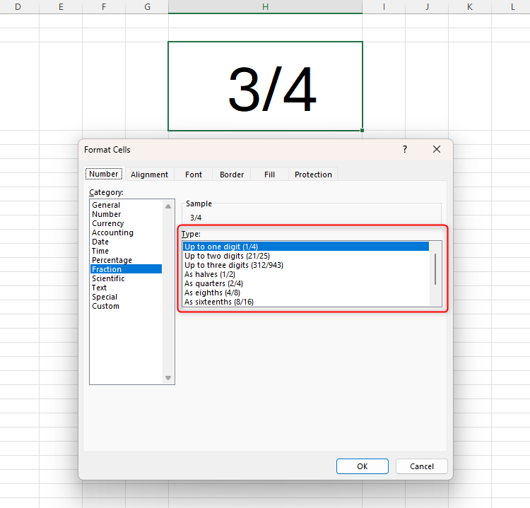 The different types of fractions available for display in Excel's Format Cells dialog box.