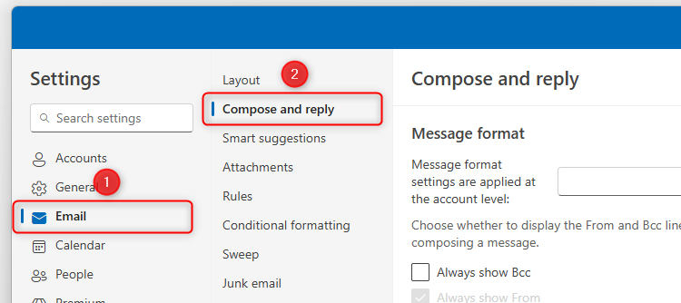 The Email and Compose And Reply menus in new Outllook's Settings window.