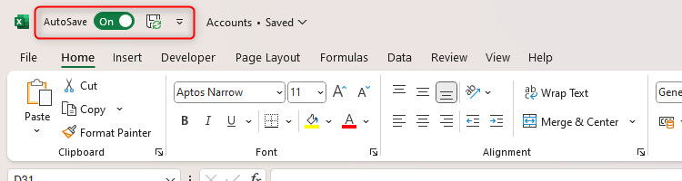 The Excel Quick Access Toolbar displaying the default Save and AutoSave buttons.