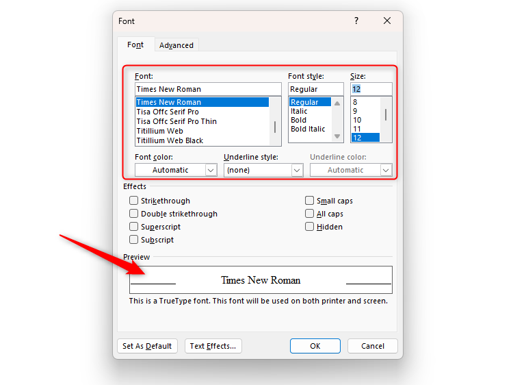 The Font dialog box in Word with Times New Roman, Regular, and 12 selected, and the preview of these settings highlighted at the bottom.