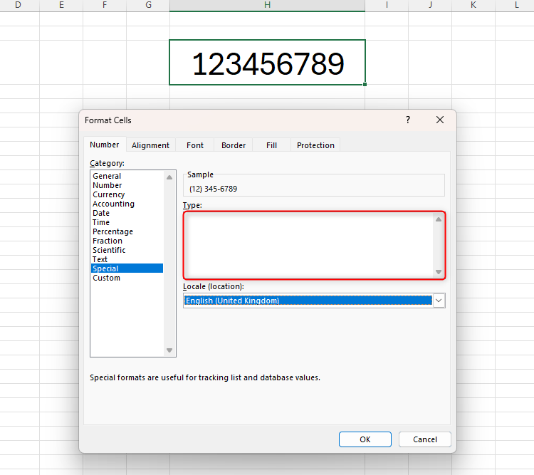 The Format Cells dialog box in Excel showing that there are no United Kingdom options for the Special number format.