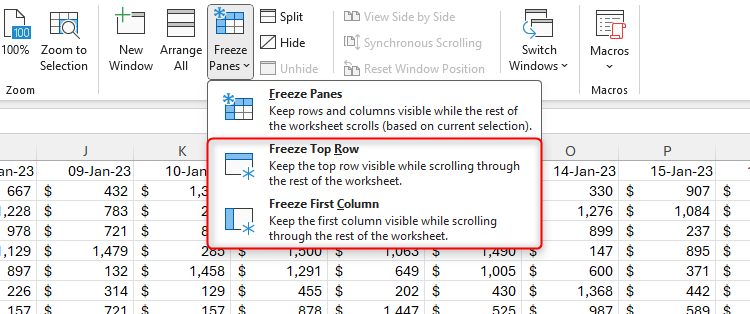 The Freeze Top Row and Freeze First Column options are selected in Microsoft Excel.