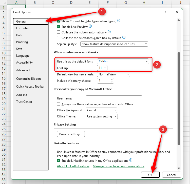 The General menu in the Excel Options window, with the font typeface and size highlighted, and the OK button selected.