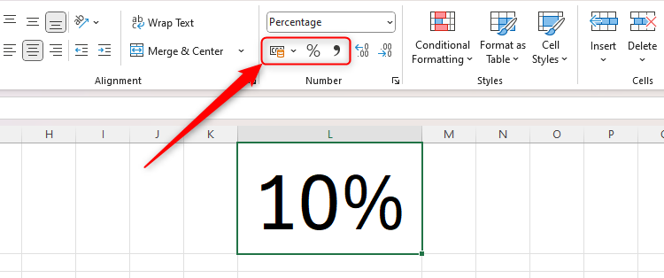 The icons to apply the Accounting, Percentage, or thousands separator number formats in Excel's Home tab on the ribbon.