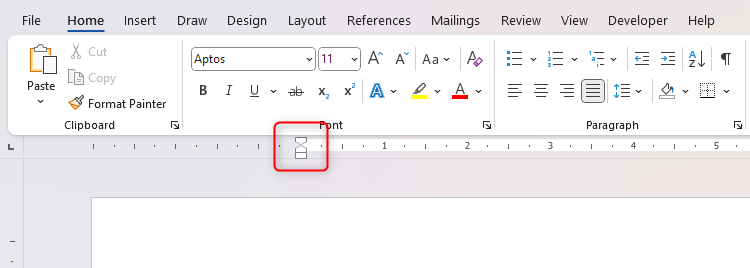 The indentation marker in the top ruler of a Microsoft Word document.