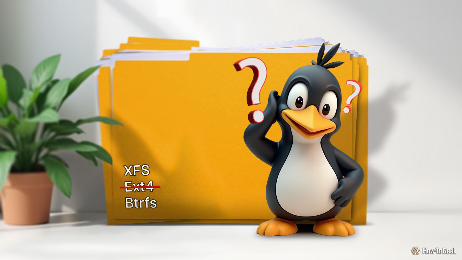 The Linux mascot looking confused with some file folders in the background.